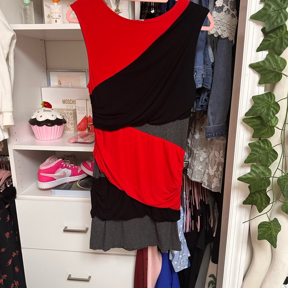Mango Asymmetrical Red and Black Mini Dress
